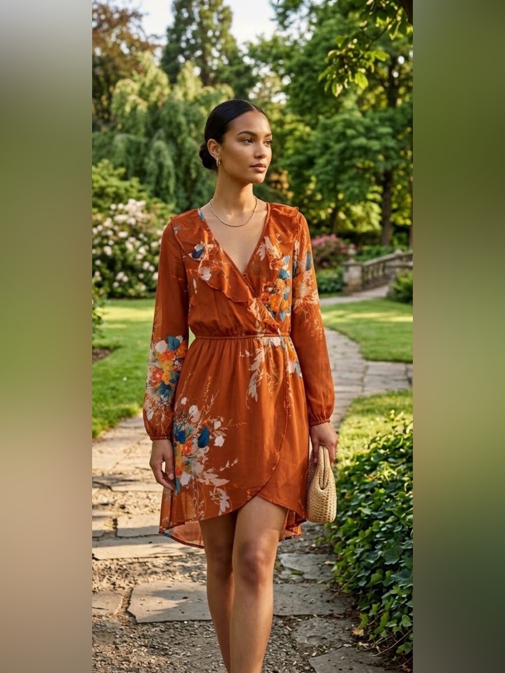 Band of Gypsies Rust Floral False Wrap Dress with Ruffle V-Neck